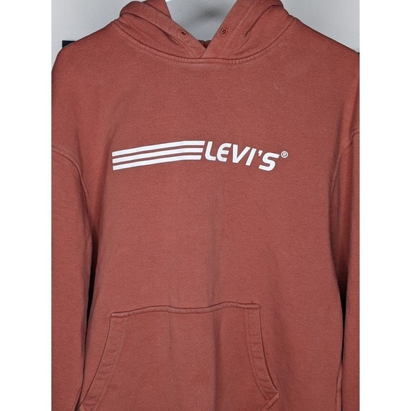 Vintage Levis LARGE Hoodie Unisex Rust Kangaroo Pocket No Drawstring RARE Design - Picture 2 of 6